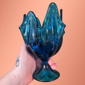 VINTAGE Mid Century Viking Glass Blue Handkerchief Glass Footed Compote